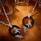 [Marin jewelrys]NEW BLACK CIRCLE PANTHER FULL DIAMOND NECKLACE