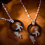 [Marin jewelrys]NEW BLACK CIRCLE PANTHER FULL DIAMOND NECKLACE