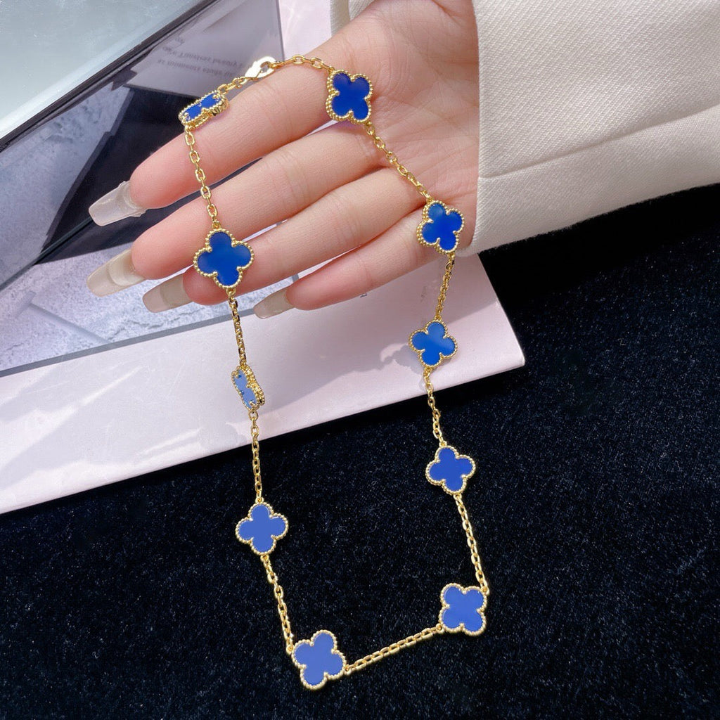 [Marin]COLLIER TRÈFLE 10 MOTIFS AGATE BLEUE