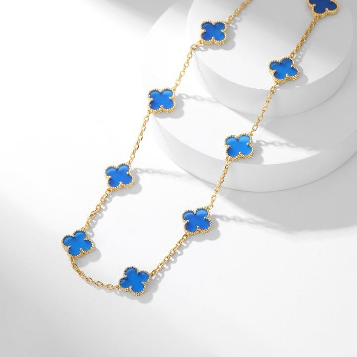 [Marin]COLLIER TRÈFLE 10 MOTIFS AGATE BLEUE