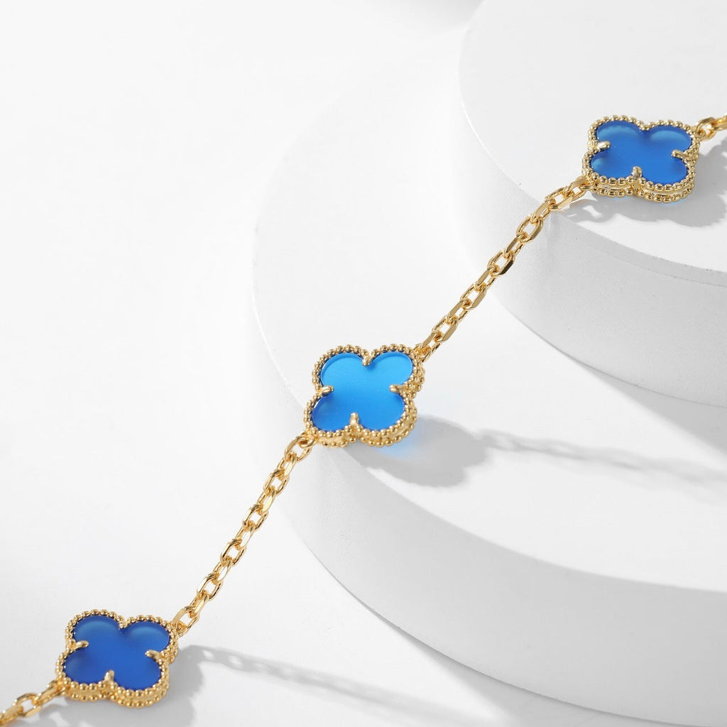 [Marin]COLLIER TRÈFLE 10 MOTIFS AGATE BLEUE