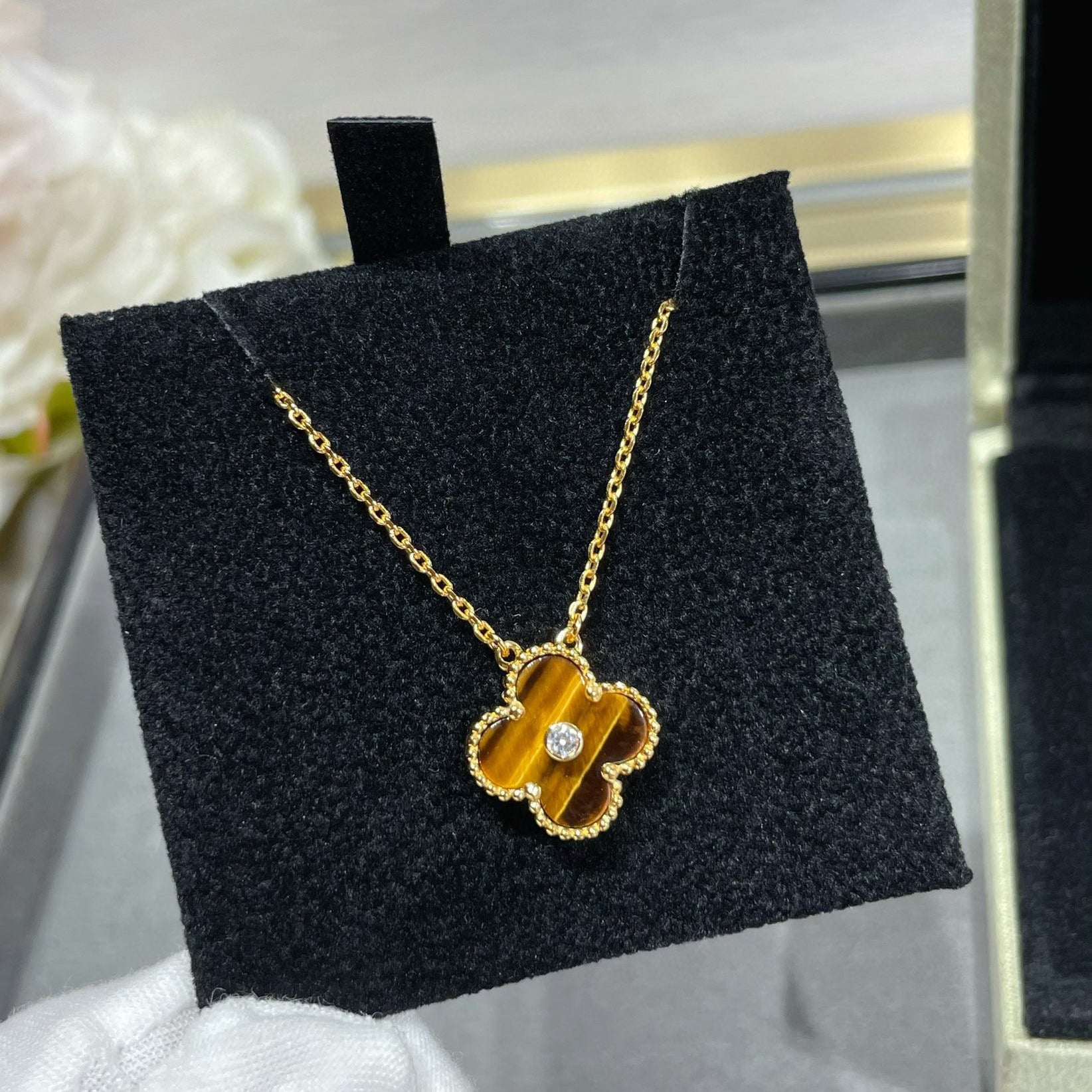 [Marin]CLOVER 15MM DIAMOND AND YELLOW TIGER'S EYE AGATE necklace