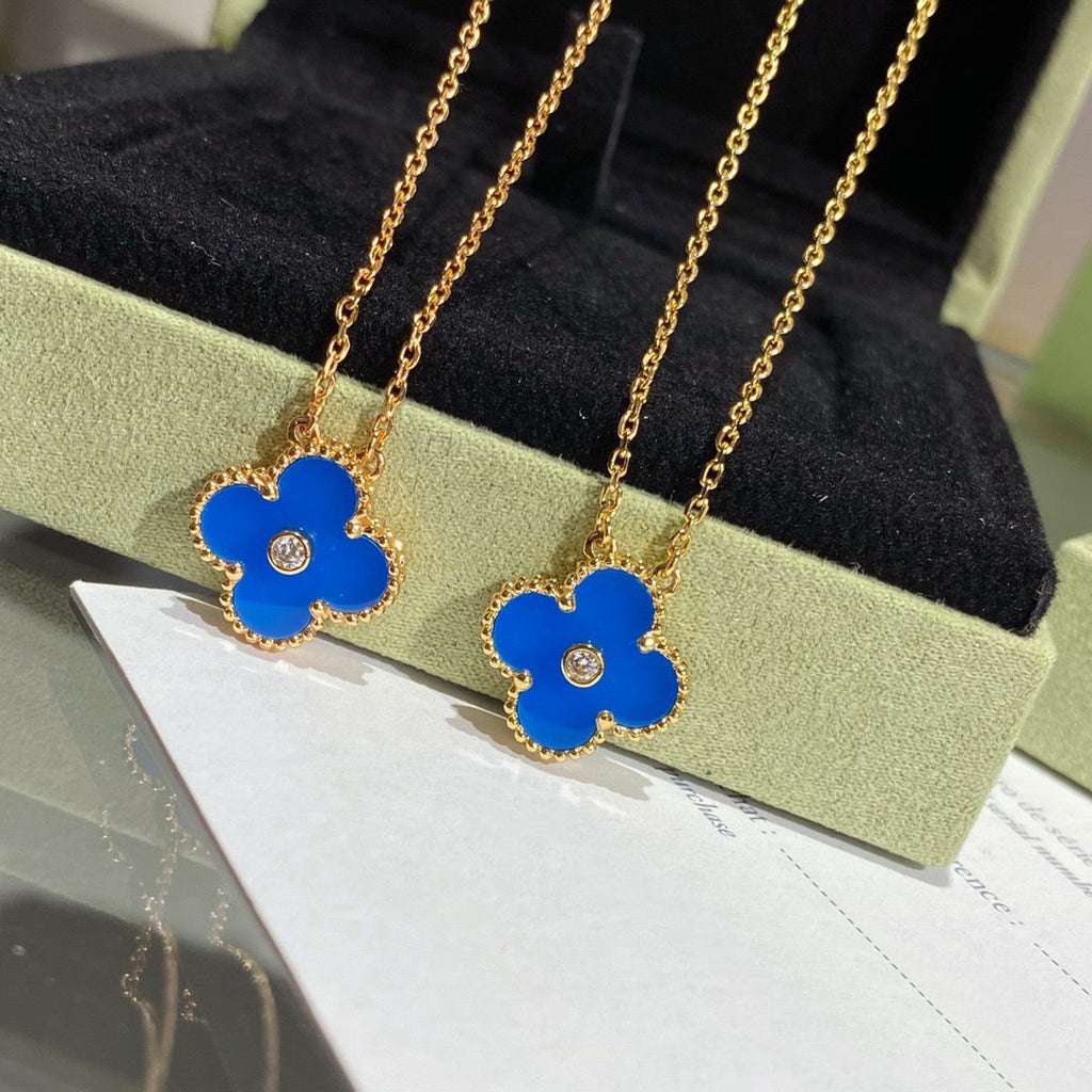 [Marin]CLOVER 15MM DIAMOND AND BLUE AGATE NECKLACE