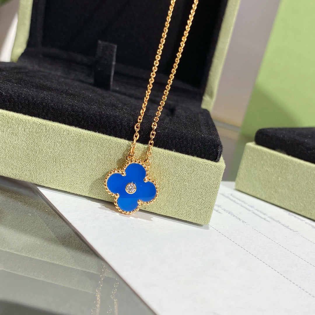 [Marin]COLLIER TRÈFLE 15MM DIAMANT ET AGATE BLEUE