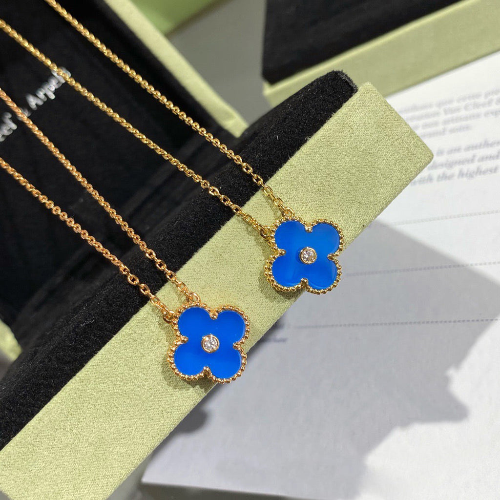 [Marin]CLOVER 15MM DIAMOND AND BLUE AGATE NECKLACE