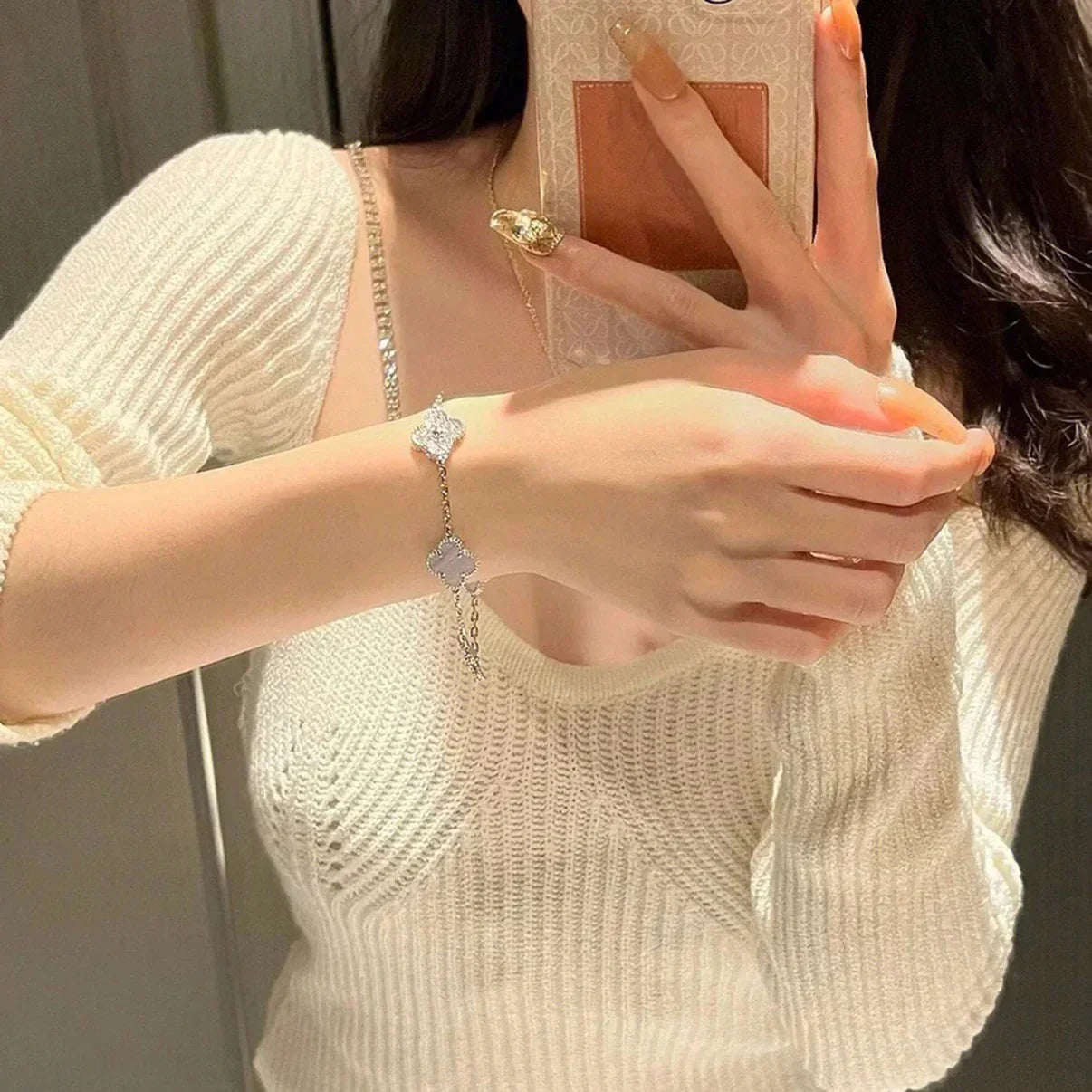 [⭐Shinejoy] CLOVER 5 MOTIF PURPLE CHALCEDONY BRACELET COLLECTION