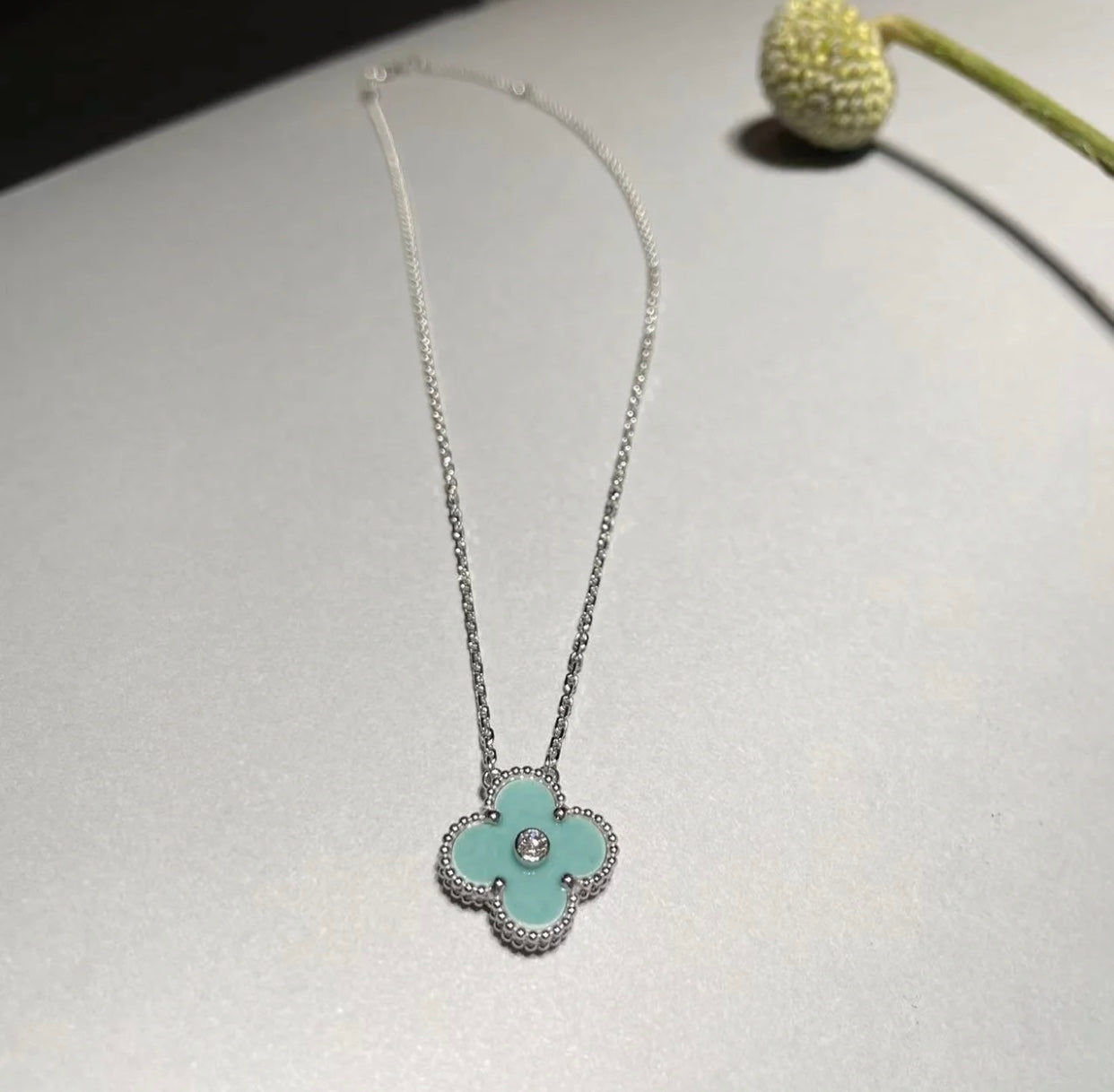 [Marin]CLOVER 1 DIAMOND LIGHT BLUE SILVER NECKLACE