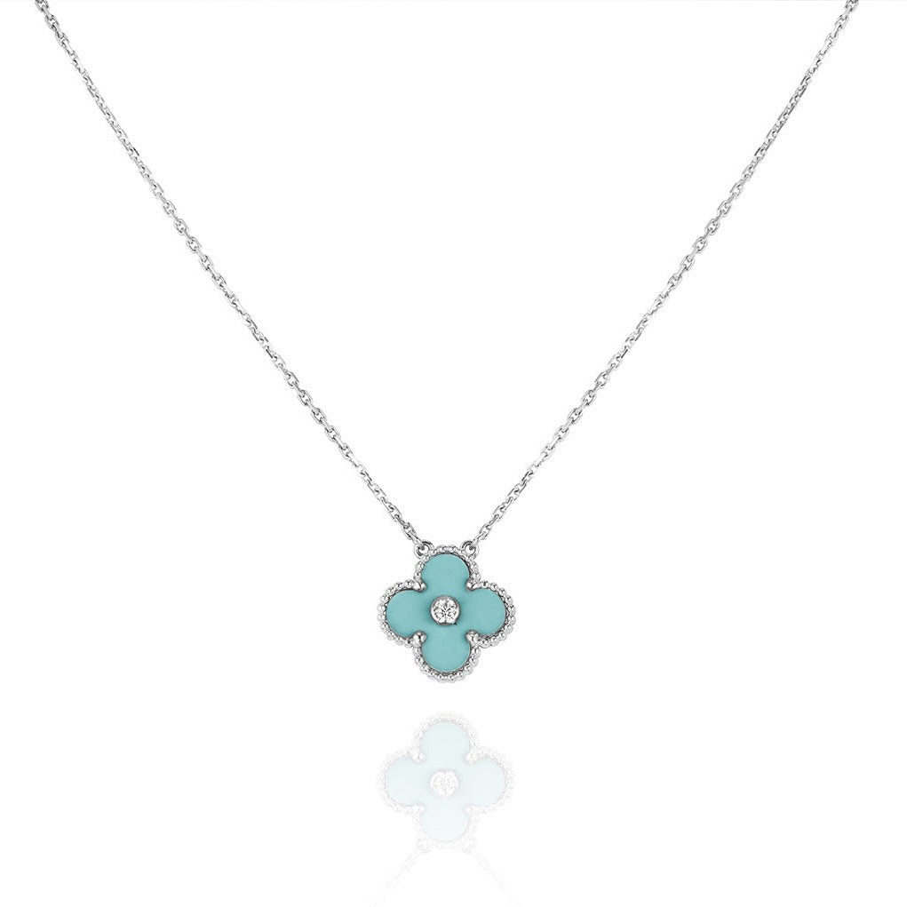 [Marin]CLOVER 1 DIAMOND LIGHT BLUE SILVER NECKLACE