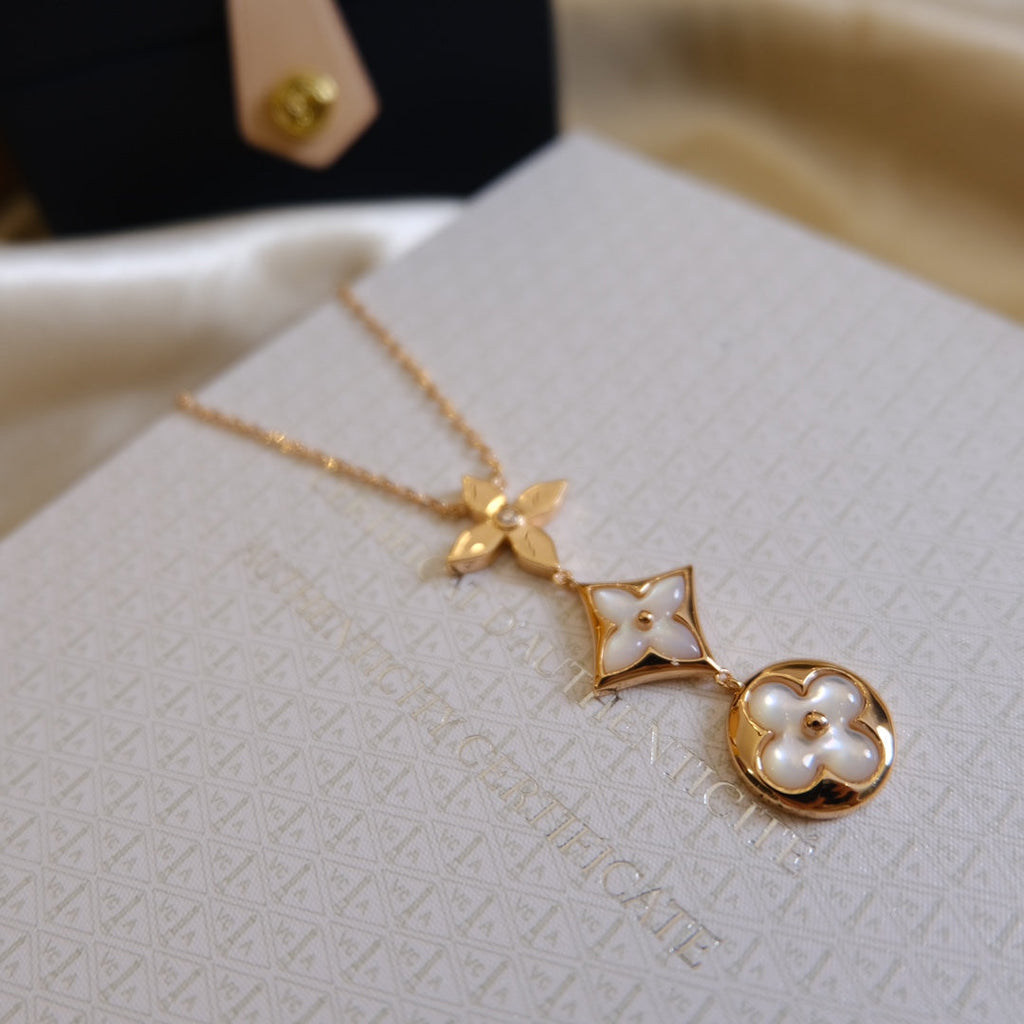 [Marin]COLOR BLOSSOM LARIAT NECKLACE PINK GOLD WHITE MOTHER PEARL AND DIAMOND