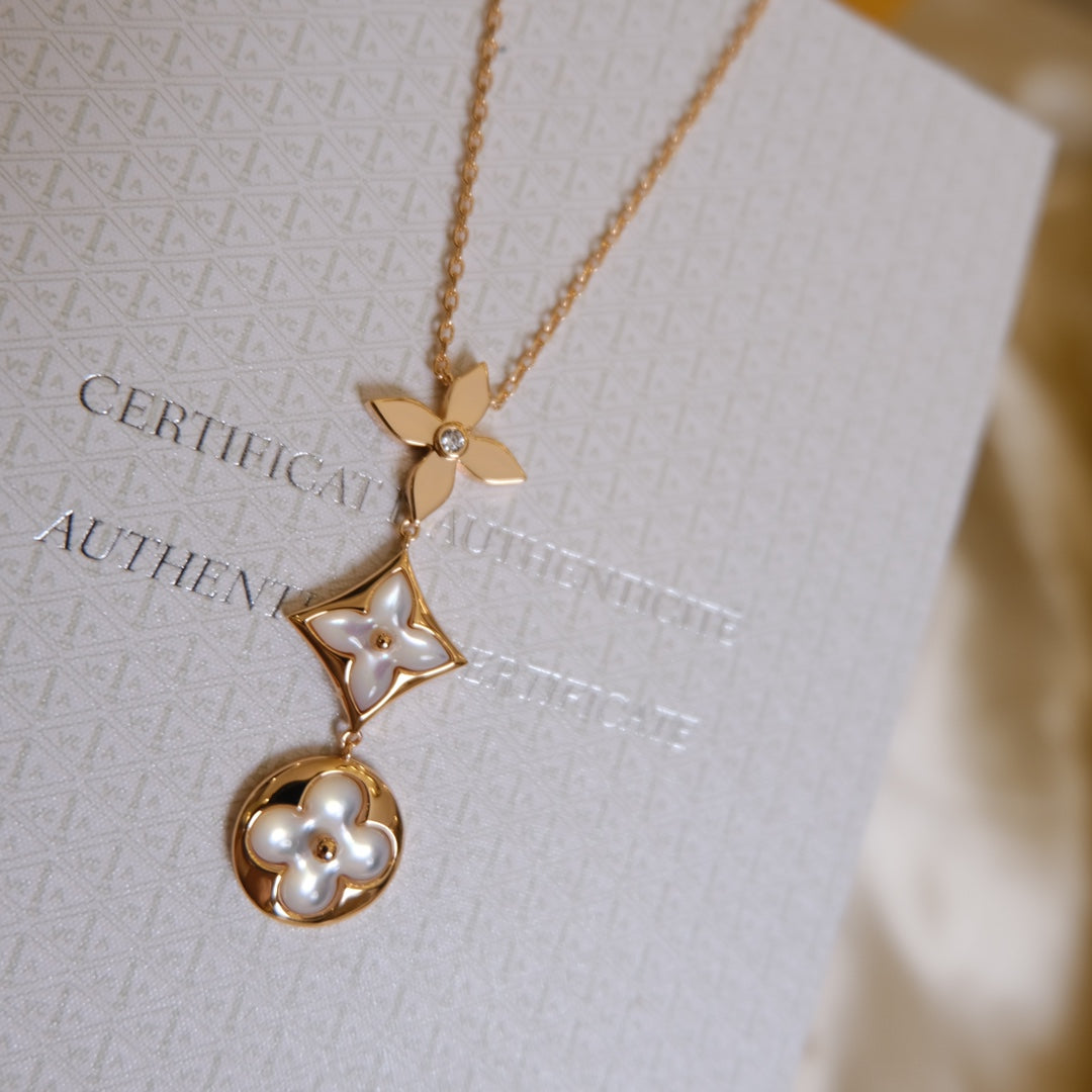[Marin]COLOR BLOSSOM LARIAT NECKLACE PINK GOLD WHITE MOTHER PEARL AND DIAMOND