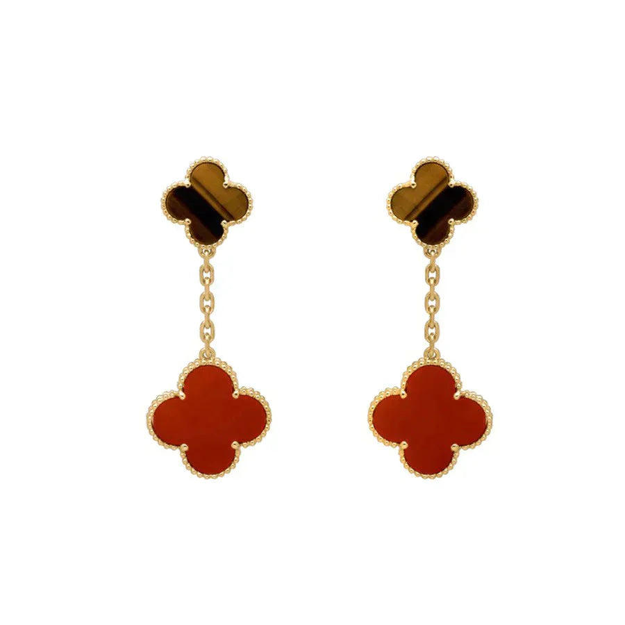 [Marin]BOUCLES D'OREILLES CLOVER 2 MOTIF ŒIL DE TIGRE ET CORNALINE