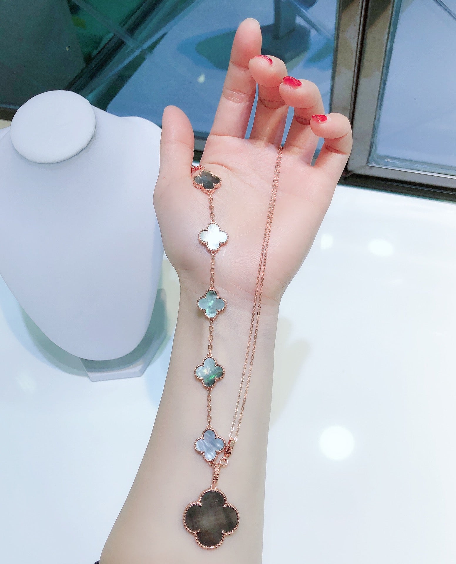 [Marin]COMBINED BRACELET 5 MOTIFS AND NECKLACE DARK MOP ROSE GOLD
